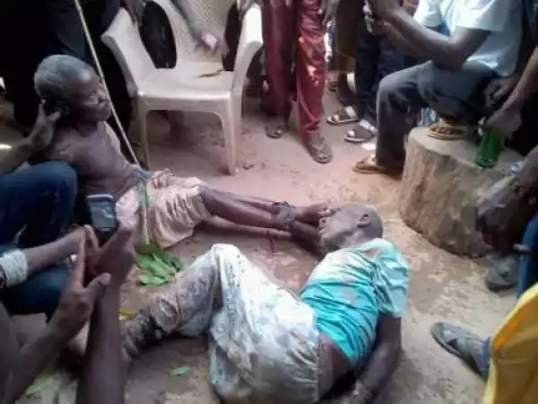 Photos: Two old men accused of being behind death of a young man in Benue State, tied up like animals
